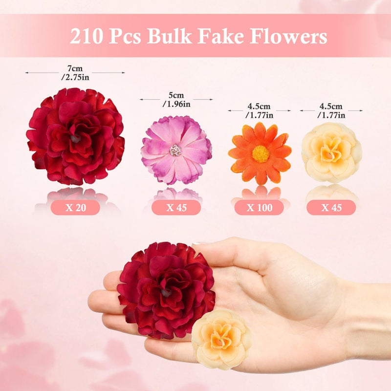 ATTGREAT 210 Pcs Mini Silk Flower Heads Small Fake Rose Daisy Faux Flowers Bulk for Crafts Artificial 3D Loose Fabric Flowers Heads Sunflower Bulk for Wedding Hair Cap Dresses Decorations (Bright Colors Mixed) - Image 2