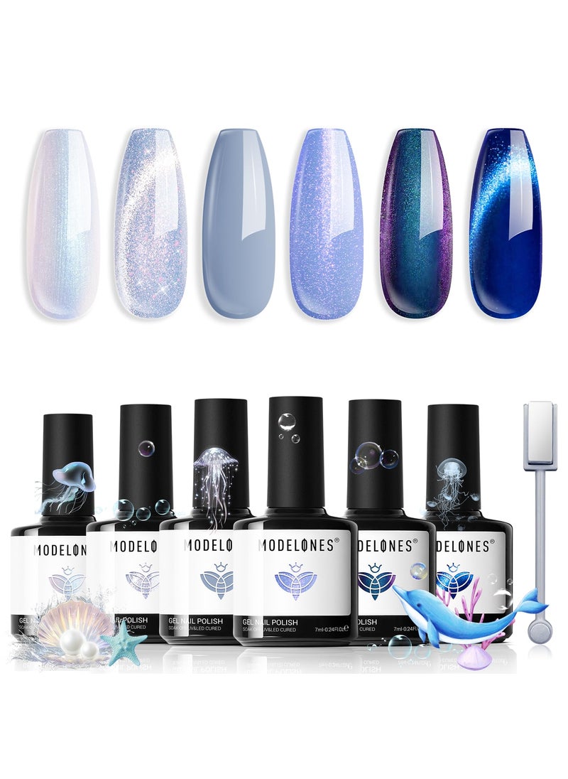 modelones - modelones Gel Nail Polish Set, 6 Colors Spring Sky Ocean Blue Collection Glitter Gel Polish Galaxy Dark Blue 9D Cat Eye Nail Gel polish w Magnet Light Blue White Soak Off Led Nail Art Gel DIY Gift - Image 1
