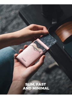 VULKIT Credit Card Holder Minimalist Slim Pop Up Wallet With Leather Slots Rfid Blocking For Men And Women Holds 7 Cards And Notes Pearl Pink  - Image 2