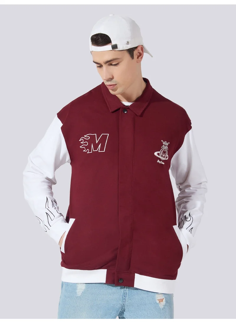 Maniac Maniac Mens Printed Curious Fullsleeve Burgundy and White Loopnet Slim fit Jacket