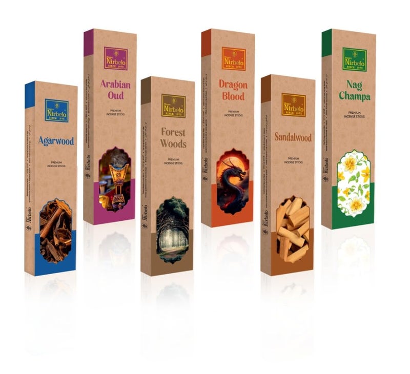 NIRBELO NIRBELO Premium Incense Sticks Combo Pack Set of 6 Total 120 Sticks with Incense Holder Hand Rolled Sandalwood Agarbatti for Puja Meditation Freshness Happy Positive Vibes Free Wooden Stand  - Image 1