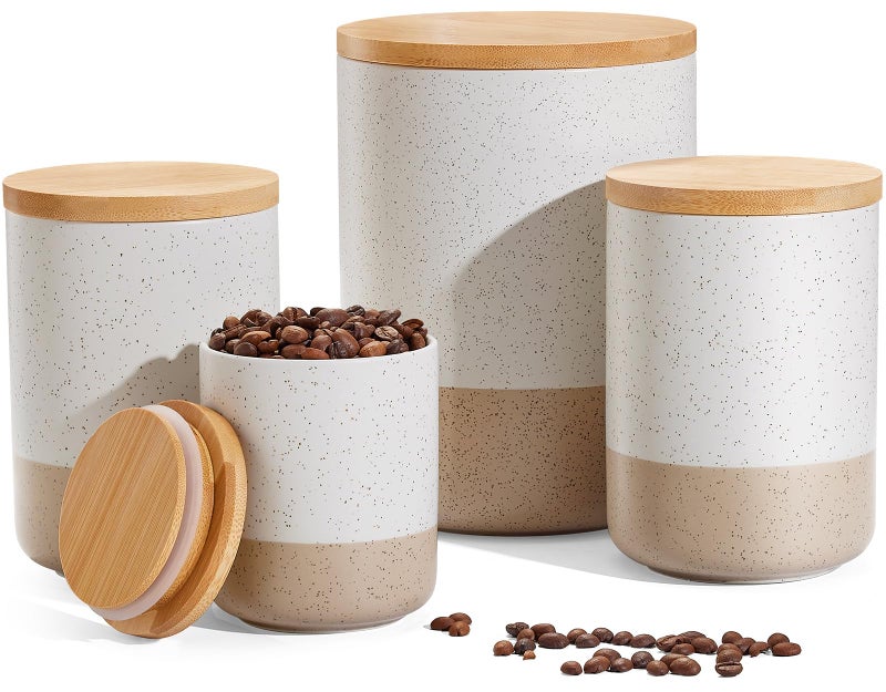 Yangbaga Canisters Sets for Kitchen Countertop-Set of 4 Ceramic Kitchen Canisters Food Storage Jar with Airtight Wood Lids & Spoons & Label,Large Flour and Sugar Containers for Serving Ground Coffee - Image 1