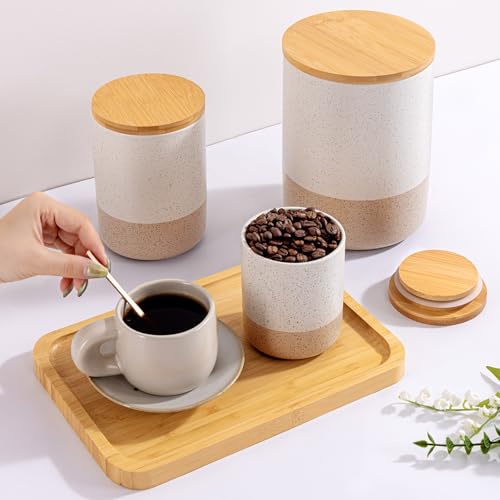 Yangbaga Canisters Sets for Kitchen Countertop-Set of 4 Ceramic Kitchen Canisters Food Storage Jar with Airtight Wood Lids & Spoons & Label,Large Flour and Sugar Containers for Serving Ground Coffee - Image 5
