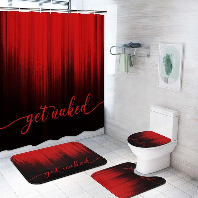 ArtSocket 4PC Red Black Ombre Get Naked Modern Simple Shower Curtain Sets Bathroom Decor with Rugs, Non-Slip Rug,Toilet Lid Cover, Bath Mat and 12 Hooks 72x72 inches - Image 1