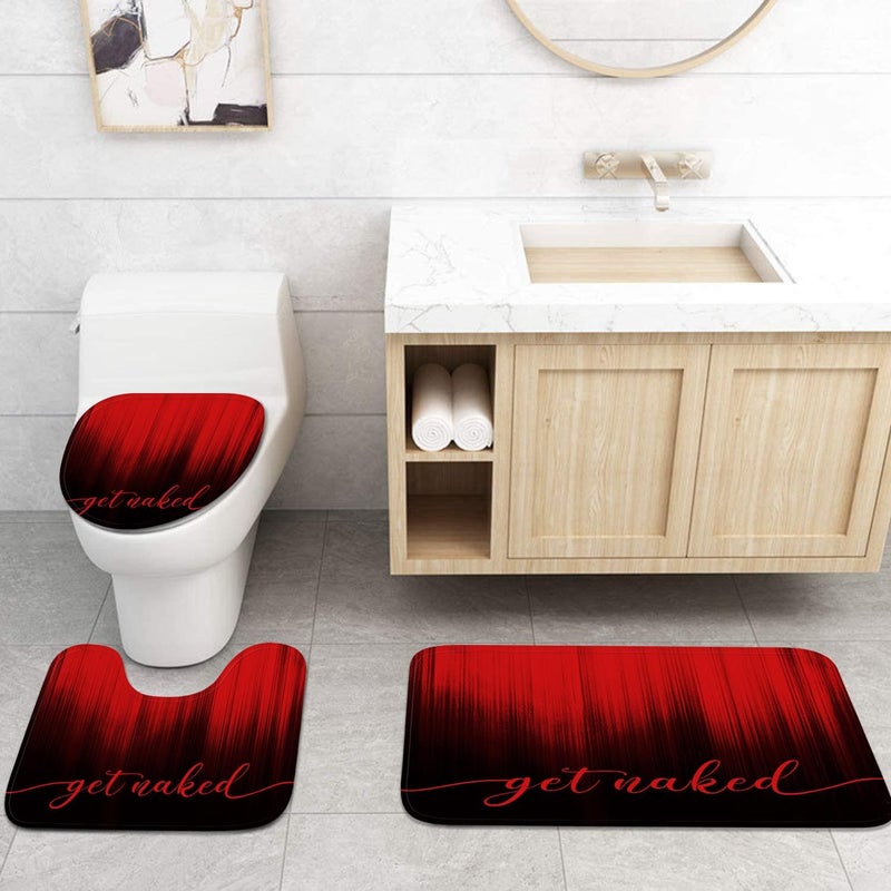 ArtSocket 4PC Red Black Ombre Get Naked Modern Simple Shower Curtain Sets Bathroom Decor with Rugs, Non-Slip Rug,Toilet Lid Cover, Bath Mat and 12 Hooks 72x72 inches - Image 4