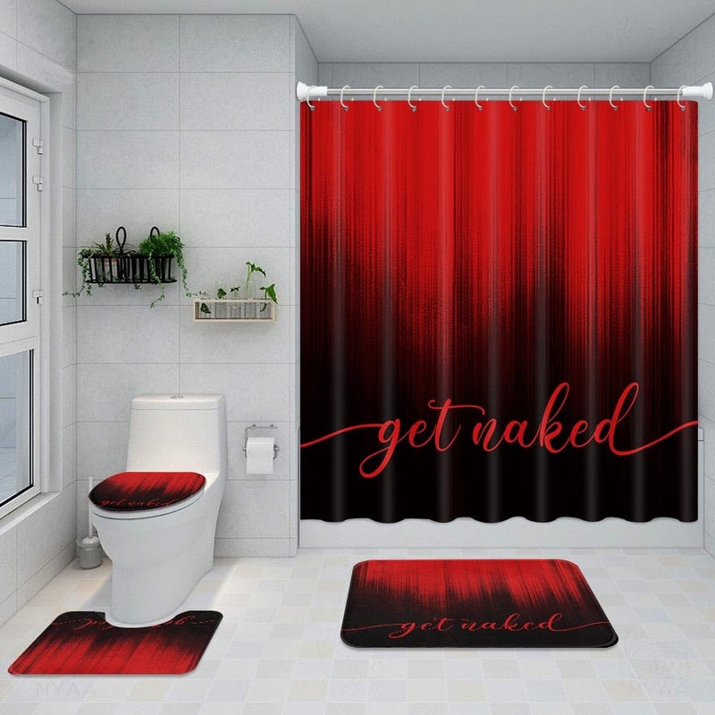 ArtSocket 4PC Red Black Ombre Get Naked Modern Simple Shower Curtain Sets Bathroom Decor with Rugs, Non-Slip Rug,Toilet Lid Cover, Bath Mat and 12 Hooks 72x72 inches - Image 2