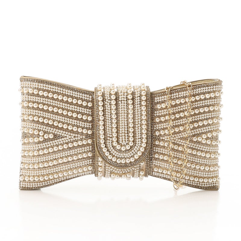Mr.joe Pearl Bow Embellished Evening Clutch - Gold - Image 1