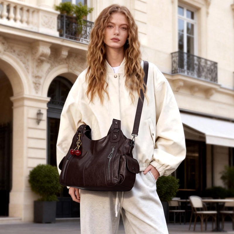 BBIQI Slouchy Hobo Shoulder Bag for Women Soft Leather Purse and Handbags Punk Style Tote Bag Crossbody Y2k Bags (Coffee) - Image 3