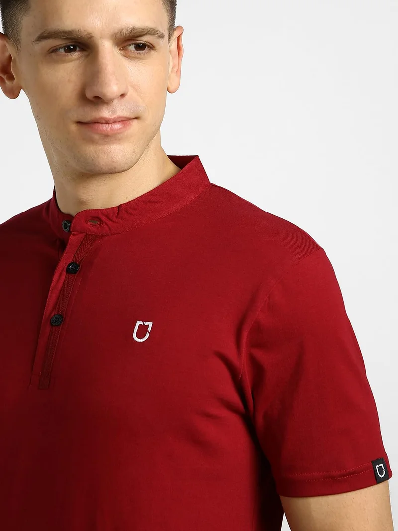 Urbano Fashion  Urbano Fashion Men's Maroon Solid Mandarin Collar Slim Fit Half Sleeve Cotton T-Shirt  | Best Price UAE