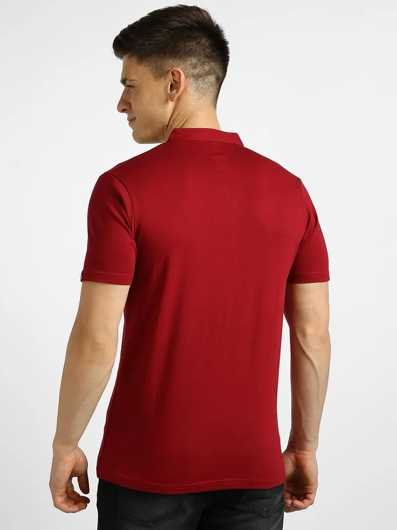 Urbano Fashion  Urbano Fashion Men's Maroon Solid Mandarin Collar Slim Fit Half Sleeve Cotton T-Shirt  | Best Price UAE