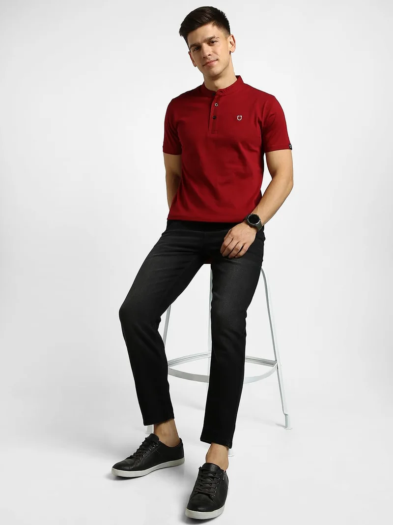 Urbano Fashion  Urbano Fashion Men's Maroon Solid Mandarin Collar Slim Fit Half Sleeve Cotton T-Shirt  | Best Price UAE
