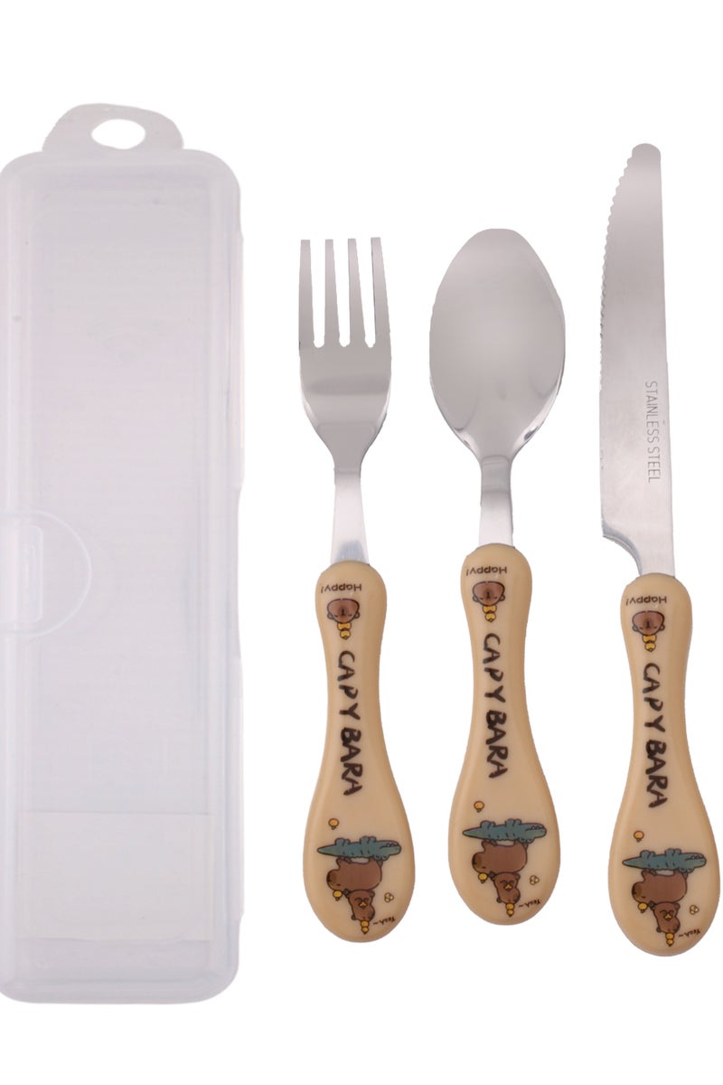 CRAVISTA Capy Bara Design Kids Cutlery Set with Case - 3-Piece Stainless Steel BPA Free Cutlery Set Includes Spoon, Fork, Knife and Case for Lunch Box, Picnic and Travel (Brown- Crocodile) - Image 1