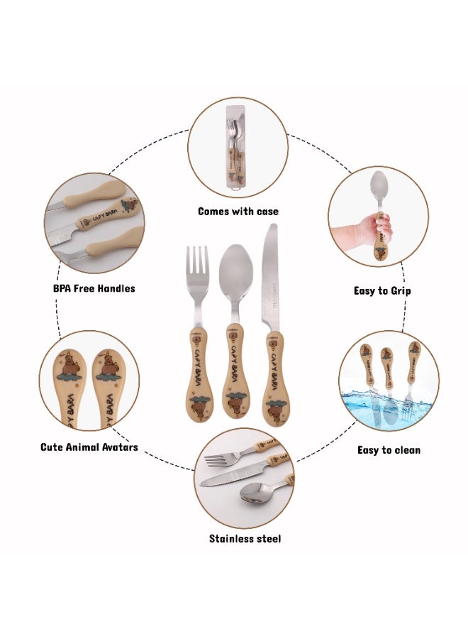 CRAVISTA Capy Bara Design Kids Cutlery Set with Case - 3-Piece Stainless Steel BPA Free Cutlery Set Includes Spoon, Fork, Knife and Case for Lunch Box, Picnic and Travel (Brown- Crocodile) - Image 3