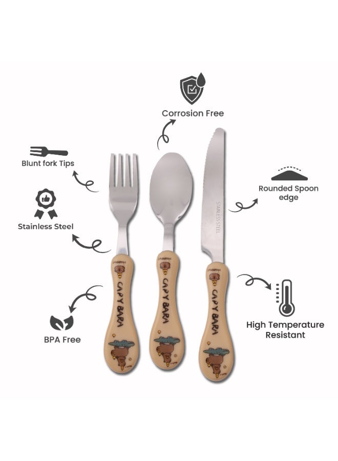 CRAVISTA Capy Bara Design Kids Cutlery Set with Case - 3-Piece Stainless Steel BPA Free Cutlery Set Includes Spoon, Fork, Knife and Case for Lunch Box, Picnic and Travel (Brown- Crocodile) - Image 2