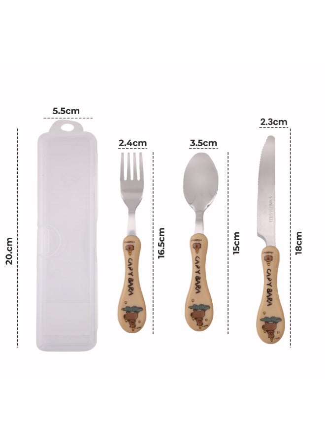 CRAVISTA Capy Bara Design Kids Cutlery Set with Case - 3-Piece Stainless Steel BPA Free Cutlery Set Includes Spoon, Fork, Knife and Case for Lunch Box, Picnic and Travel (Brown- Crocodile) - Image 4