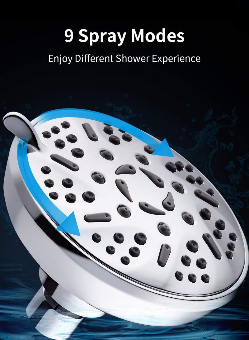 Shower Head, Rainfall ShowerHead, 6 Inches High-Pressure with 9 Spray Modes - Replacement for Bathroom Heads Anti-Clogging Silicone Nozzles, Brass Angle-adjustable Ball Joint - Image 5