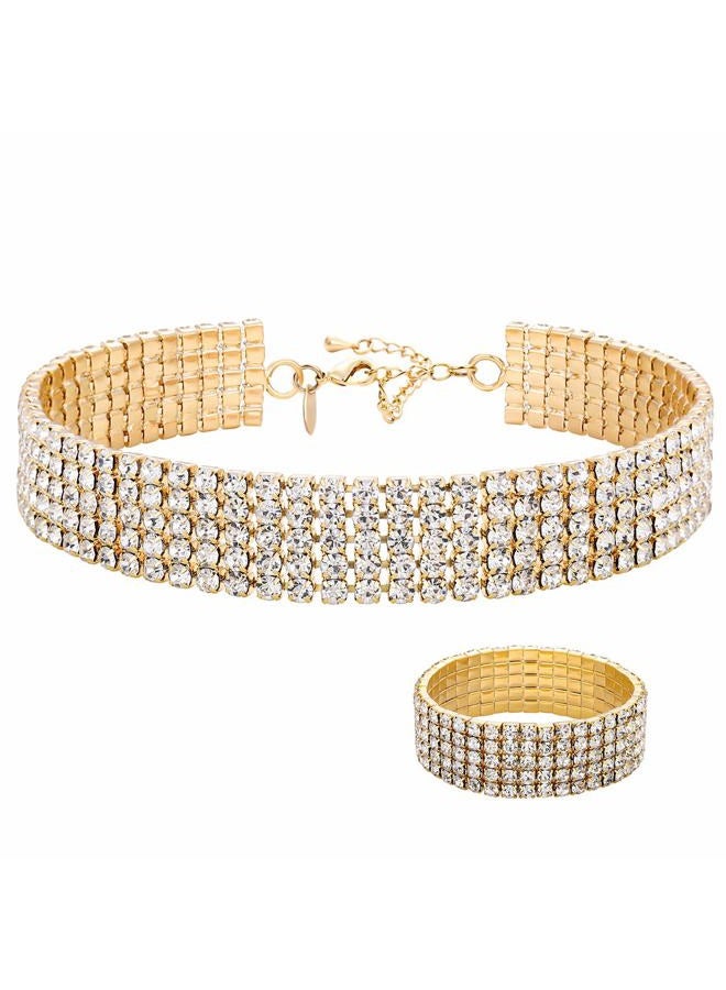 Zealmer 5 Row Rhinestone Choker Necklace & Stretch Bracelet for Women Gold Tone, Metal, Cubic Zirconia - Image 1