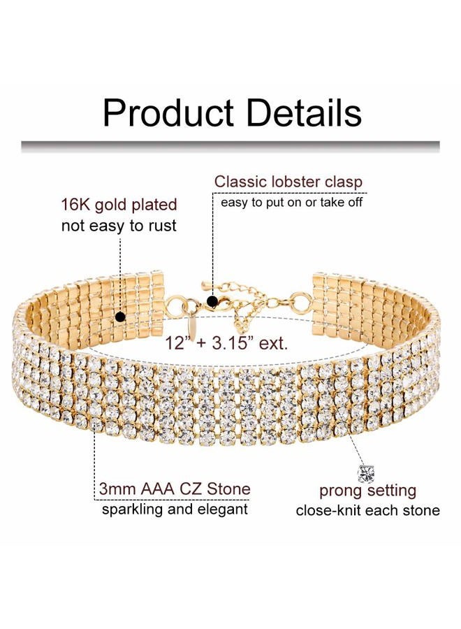 Zealmer 5 Row Rhinestone Choker Necklace & Stretch Bracelet for Women Gold Tone, Metal, Cubic Zirconia - Image 3
