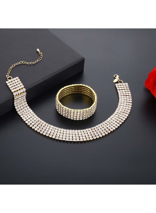 Zealmer 5 Row Rhinestone Choker Necklace & Stretch Bracelet for Women Gold Tone, Metal, Cubic Zirconia - Image 4