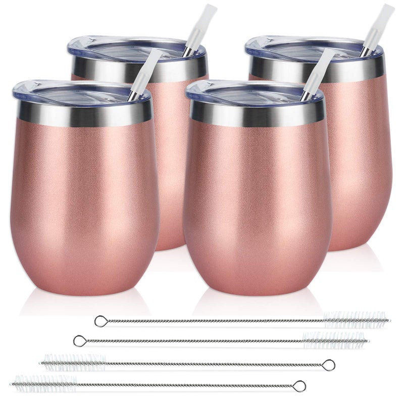 Lifecapido Lifecapido 4 Pack 12Oz Stainless Steel Stemless Wine Glasses Insulated Wine Tumbler Stainless Steel Wine Tumbler Cups with Lids and Straws for Coffee Cocktails Wine Champaign Rose Gold 