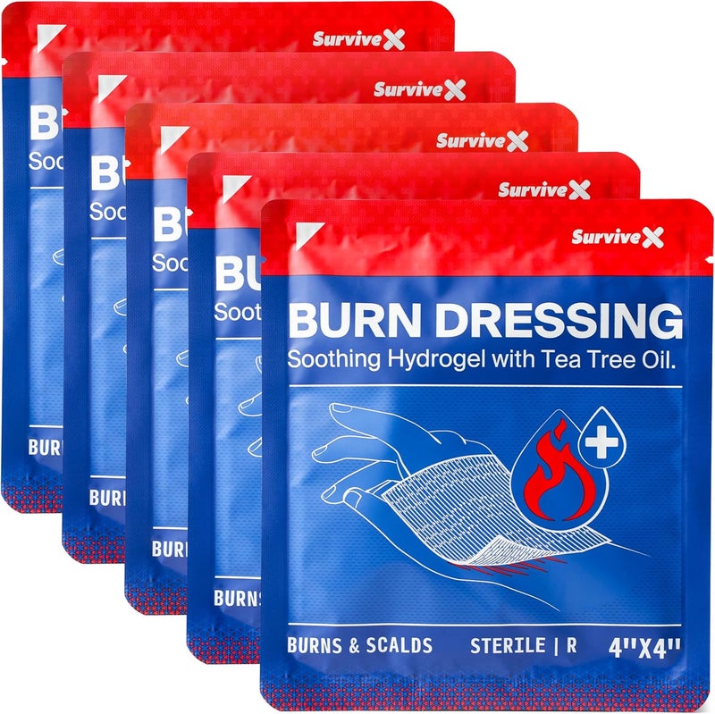 SurviveX Hydrogel Burn Dressings with Tea Tree Oil  4x4 Sterile NonStick Burn Pads  Emergency First Aid for Instant Cooling Soothing  Relief  5 Pack - Image 1