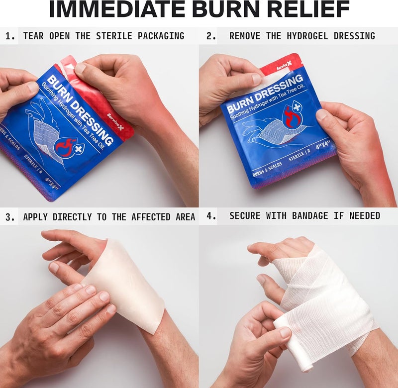 SurviveX Hydrogel Burn Dressings with Tea Tree Oil  4x4 Sterile NonStick Burn Pads  Emergency First Aid for Instant Cooling Soothing  Relief  5 Pack - Image 3
