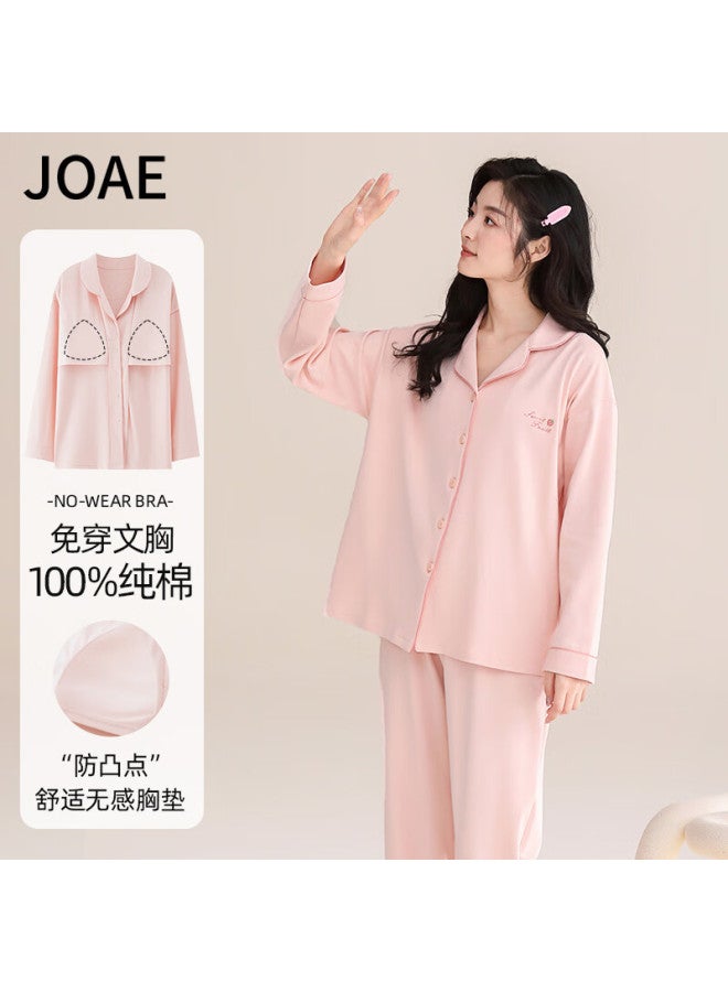 Joae Women's Pajama Set With Chest Pad 100% Cotton Cardigan Autumn Wearable Homewear Pink 2XL - Image 1