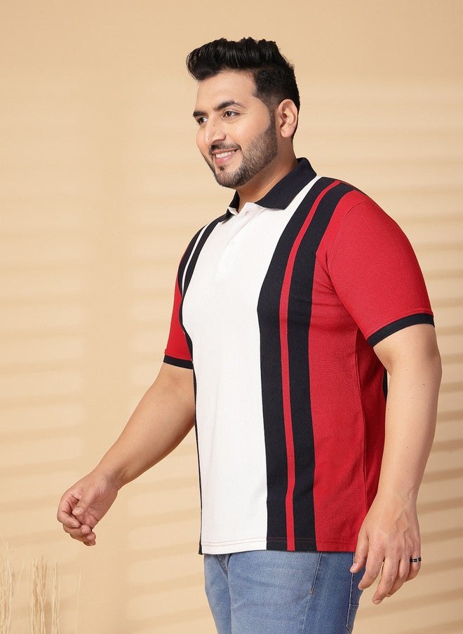 PlusS تي شيرت بولو مخطط للرجال باللون الأحمر والأبيض والأسود - Image 3