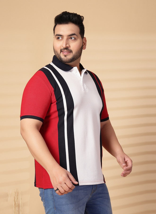 PlusS تي شيرت بولو مخطط للرجال باللون الأحمر والأبيض والأسود - Image 5