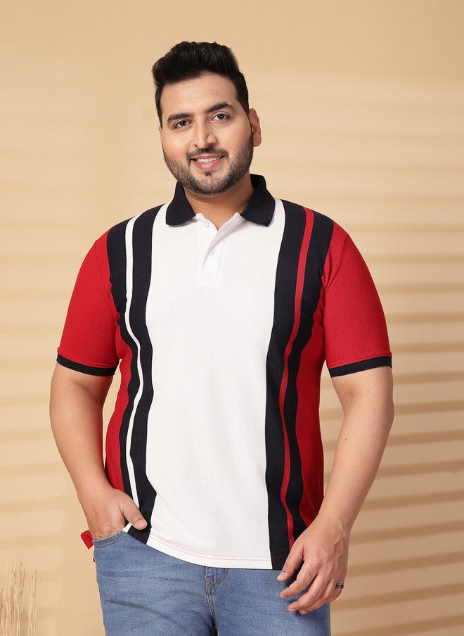 PlusS تي شيرت بولو مخطط للرجال باللون الأحمر والأبيض والأسود - Image 1