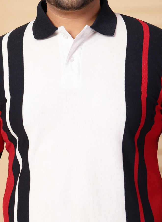 PlusS تي شيرت بولو مخطط للرجال باللون الأحمر والأبيض والأسود - Image 4