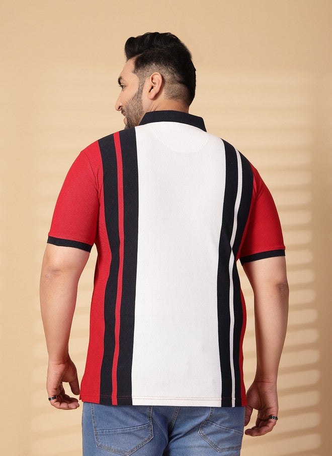 PlusS تي شيرت بولو مخطط للرجال باللون الأحمر والأبيض والأسود - Image 2
