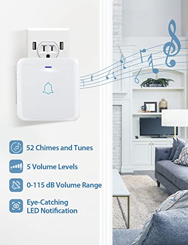 AVANTEK Wireless Doorbell, D-3W Waterproof Door Chime Kit Operating at over 1300 Feet with 2 Plug-In Receivers, 52 Melodies, CD Quality Sound and LED Flash - Image 2