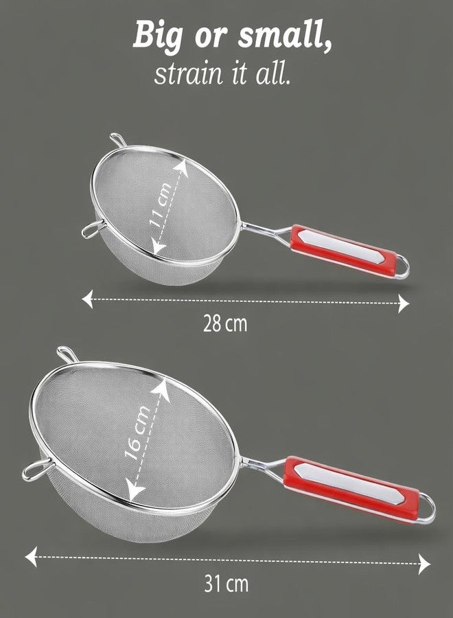faas 2 Pieces Stainless Steel Soup & Juice Strainer/Liquid Filter for Kitchen Use, Large Soup Chalni with Red Handle, Rice & Juice Use (Size-4, 6 Dia- 11cm, 16cm, Set of 2,Silver) - Image 2