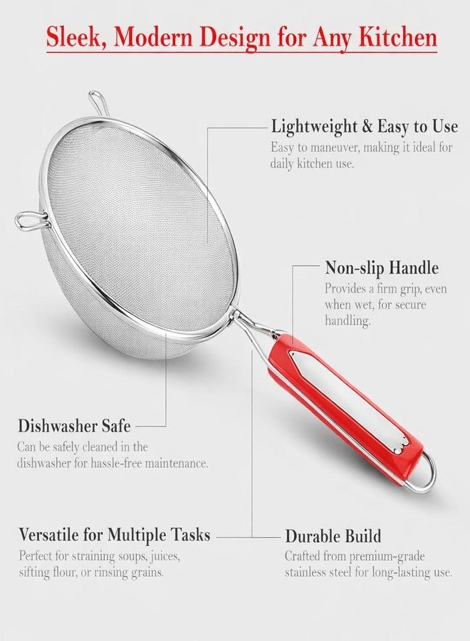 faas 2 Pieces Stainless Steel Soup & Juice Strainer/Liquid Filter for Kitchen Use, Large Soup Chalni with Red Handle, Rice & Juice Use (Size-4, 6 Dia- 11cm, 16cm, Set of 2,Silver) - Image 3