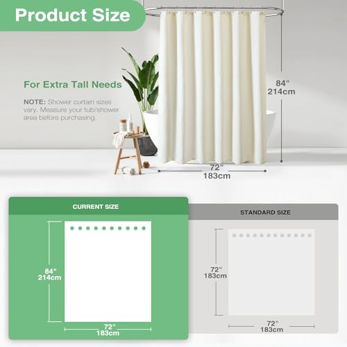 Dynamene Extra Long Fabric Shower Curtain， Waffle Weave 84 Inches Long Heavy Duty Cloth Shower Curtains for Bathroom, 256GSM Hotel Luxury Bath Curtain Set with 12 Plastic Hooks(72Wx84H, Cream/Ivory) - Image 3