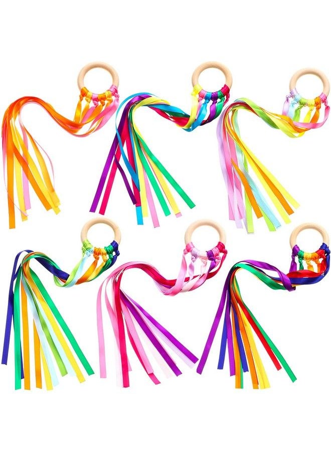 Sumind 6 Pieces Ribbon Hand Kite Montessori Hand Kite Toy Creative Waldorf Toy Ribbon Streamer With Wood Ring Rainbow Wind Wand Learning Educational Hand Toys For Birthday Party (Bright Colors)  - Image 1