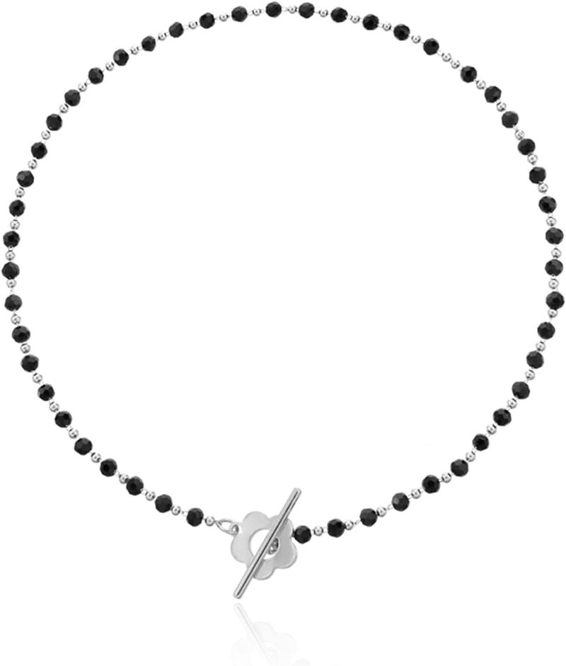 cheekyglo Flower Toggle Clasp Choker Necklace Paper Clip Crystal Glass Bead Necklace Vintage Charm Jewelry for Women,Silver - Image 1