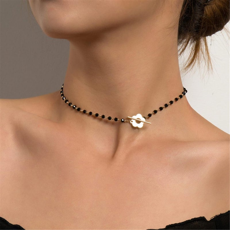 cheekyglo Flower Toggle Clasp Choker Necklace Paper Clip Crystal Glass Bead Necklace Vintage Charm Jewelry for Women,Silver - Image 2
