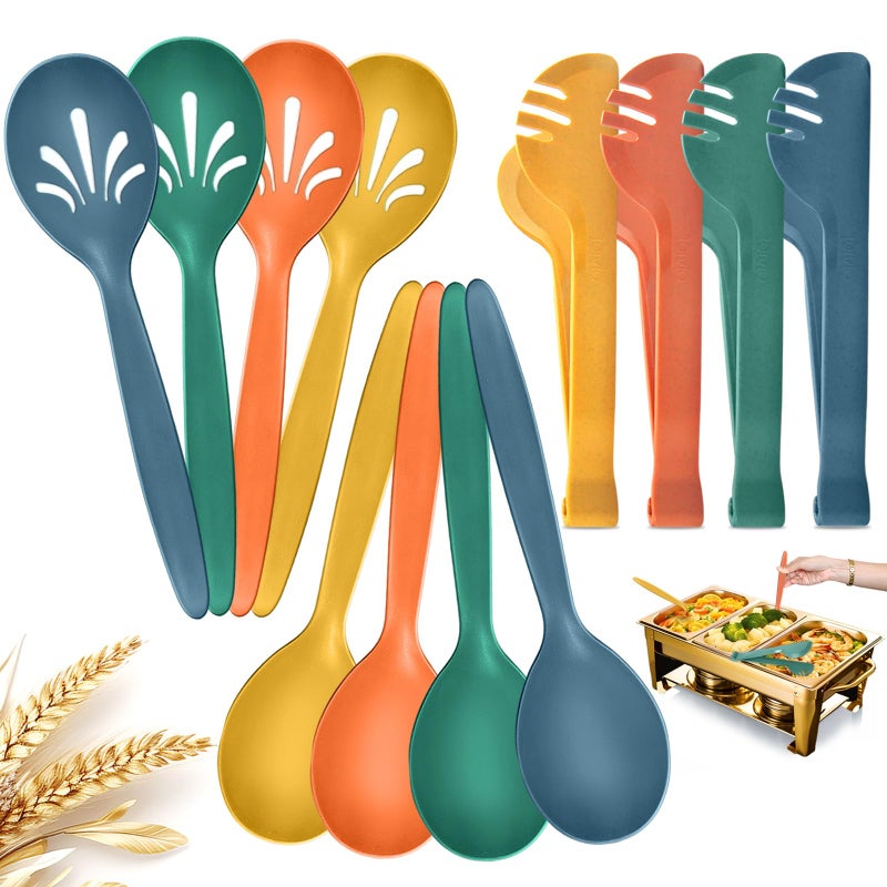 RayPard Reusable Plastic Serving Utensils Set of 12 10 Wheat straw Large Serving set Serving SpoonsSlotted SpoonsTongs for Party Buffet Catering OrangeBlueYellowGreen Not for Cooking