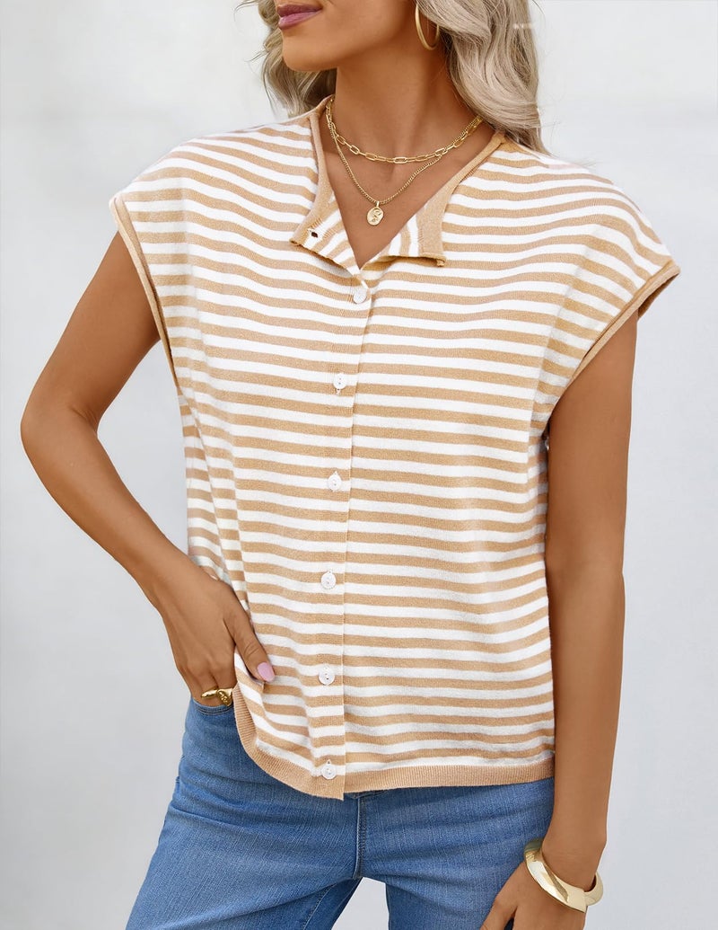 MEROKEETY Women's Summer Cap Short Sleeve Sweater Vest 2026 Lightweight Button Down Cardigans Spring Casual Trendy Tops, StripeKhaki, Medium - Image 2