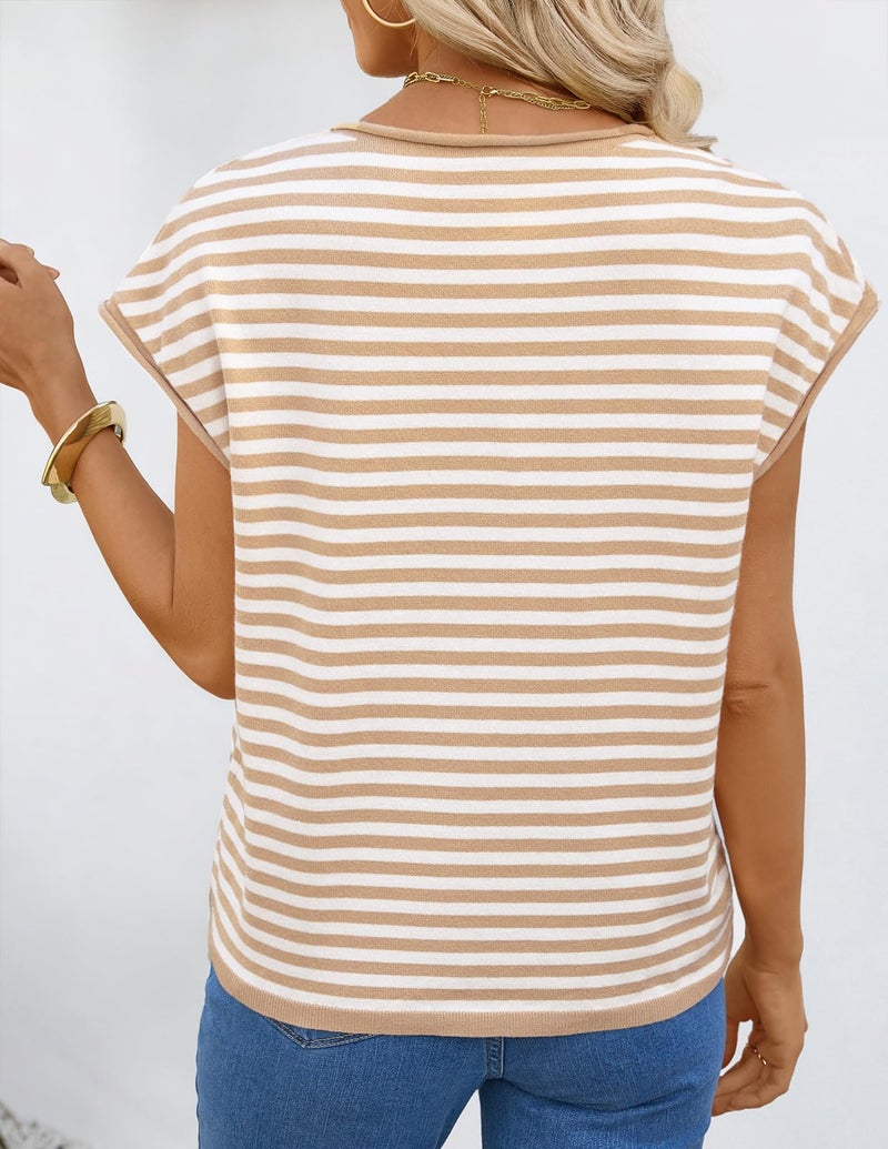 MEROKEETY Women's Summer Cap Short Sleeve Sweater Vest 2026 Lightweight Button Down Cardigans Spring Casual Trendy Tops, StripeKhaki, Medium - Image 4