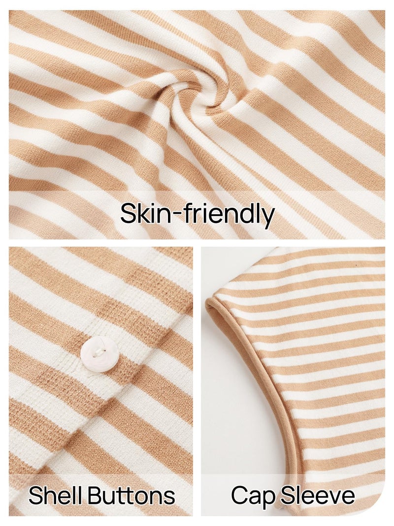 MEROKEETY Women's Summer Cap Short Sleeve Sweater Vest 2026 Lightweight Button Down Cardigans Spring Casual Trendy Tops, StripeKhaki, Medium - Image 5