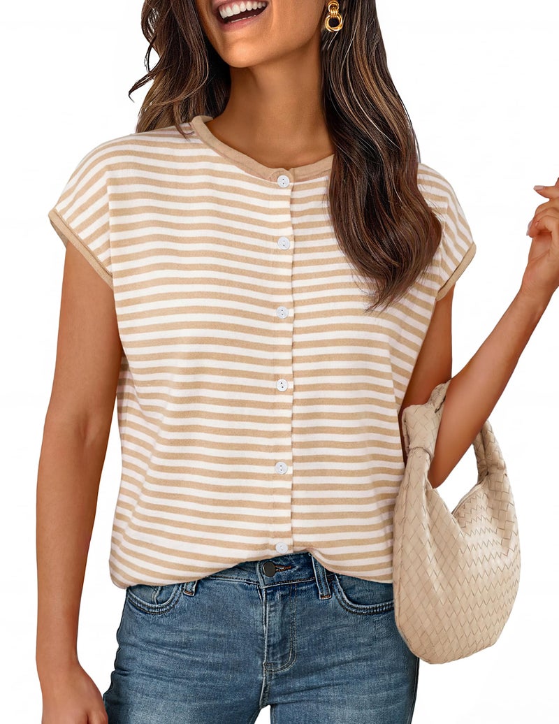 MEROKEETY Women's Summer Cap Short Sleeve Sweater Vest 2026 Lightweight Button Down Cardigans Spring Casual Trendy Tops, StripeKhaki, Medium - Image 1