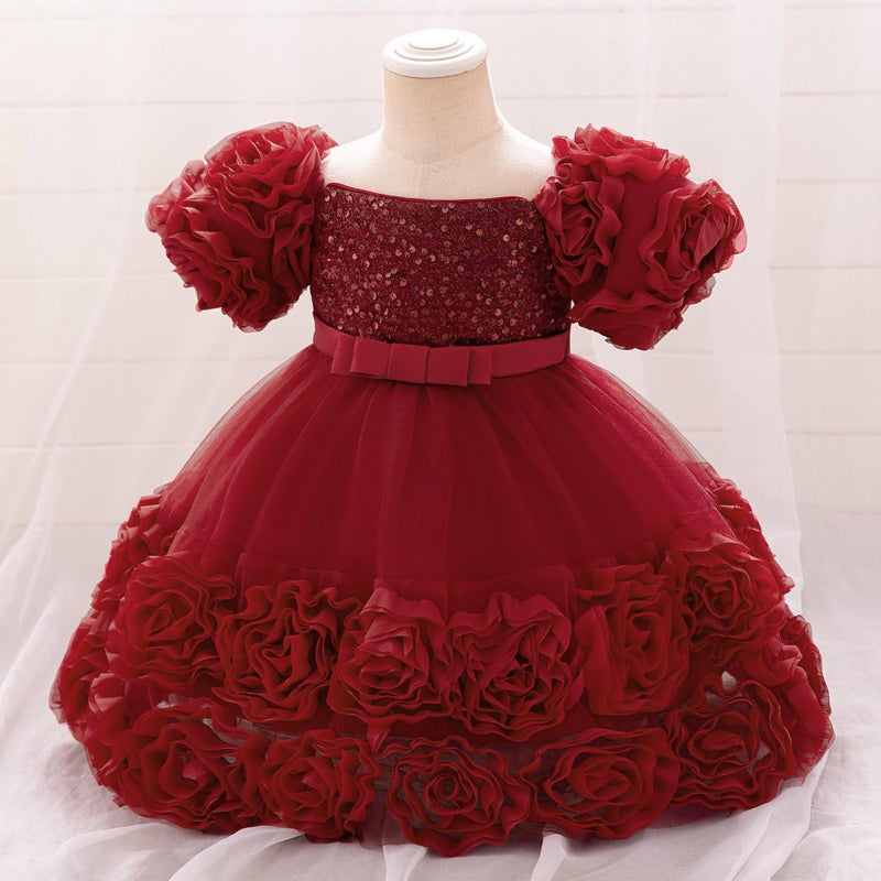 Cross-border New Girls Dress Decal Princess Dress One-year-old Dress Flower Girl Dress Bubble Sleeve Rose dress L2283XZ-bordeaux