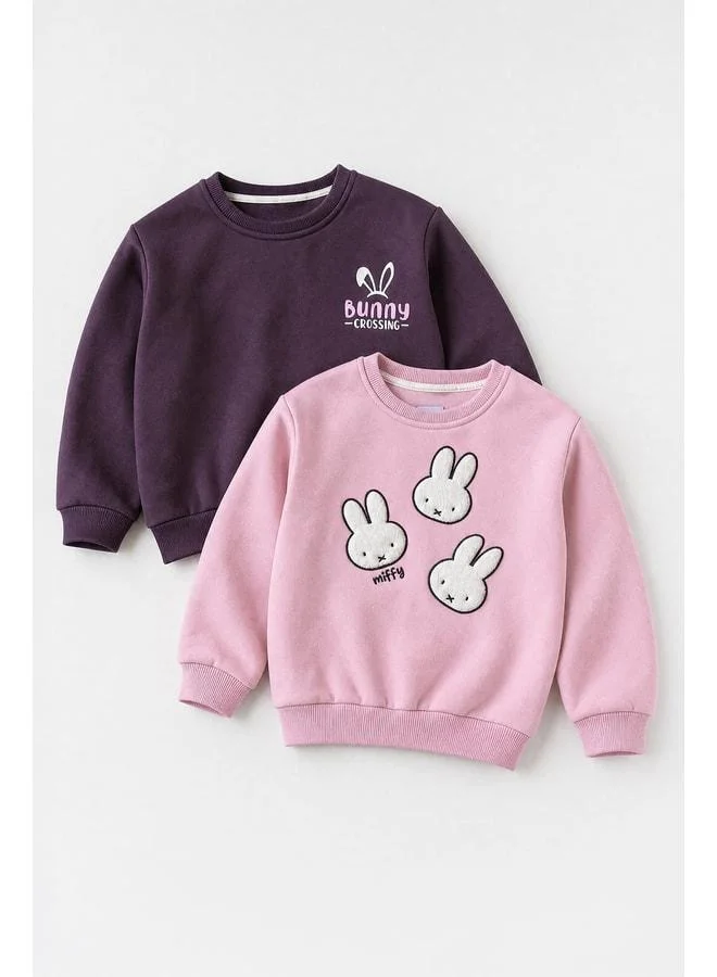 Perendi Girl's 2-Piece Rabbit Embroidered Winter Sweatshirt Set.