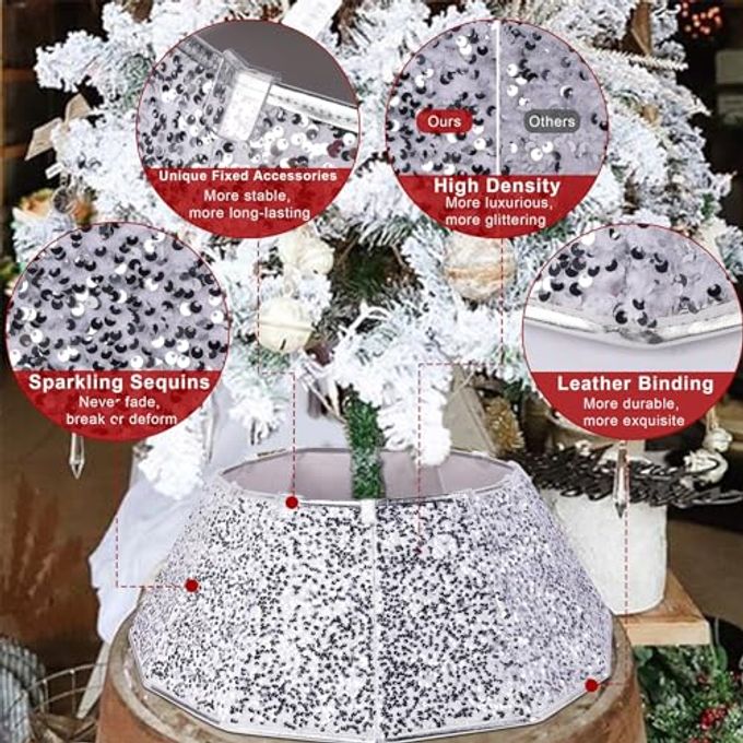 Blissun Christmas Tree Collar, Sequin Christmas Tree Skirt, Folable Christmas Tree Ring, Xmas Tree Stand Base Cover for Christmas Tree Decoration (Silver, Round) - Image 3