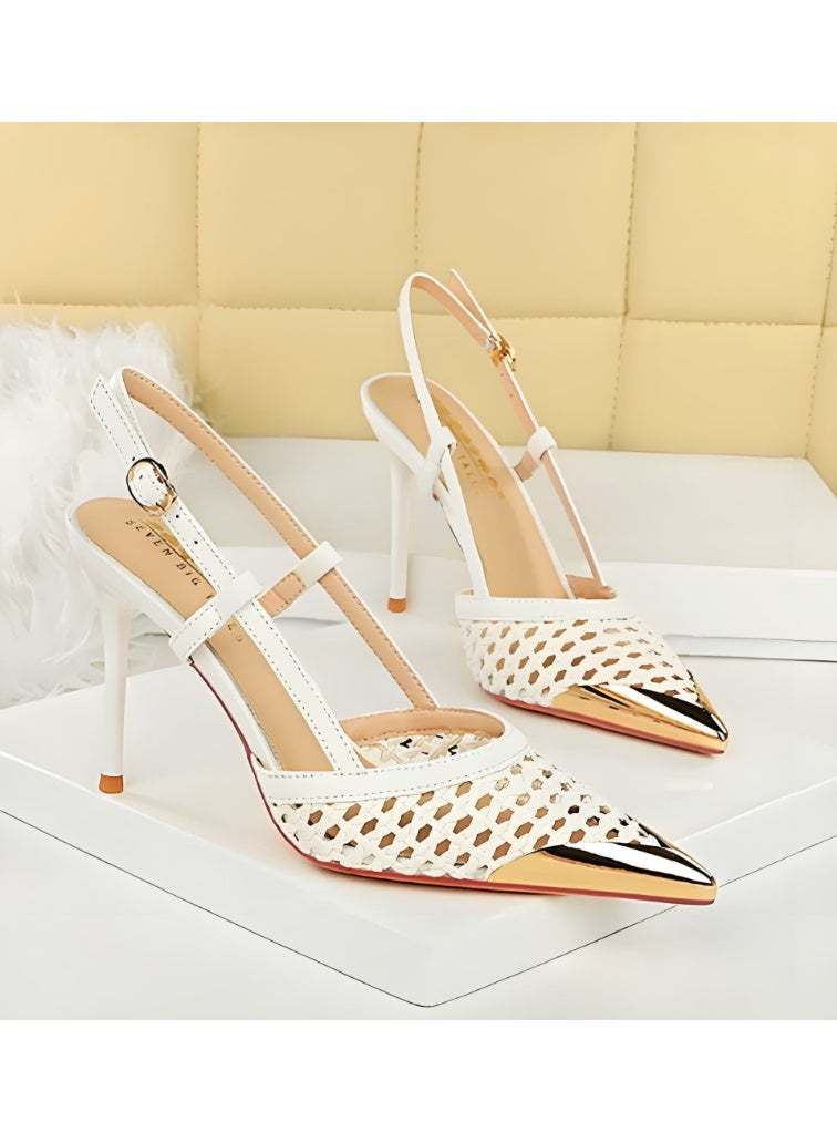 بيج تري النساء النسيج جوف خارج مغلقة موجهة إصبع القدم مضخات الظهر الكعب العالي الأبيض 9.5CM - Image 2