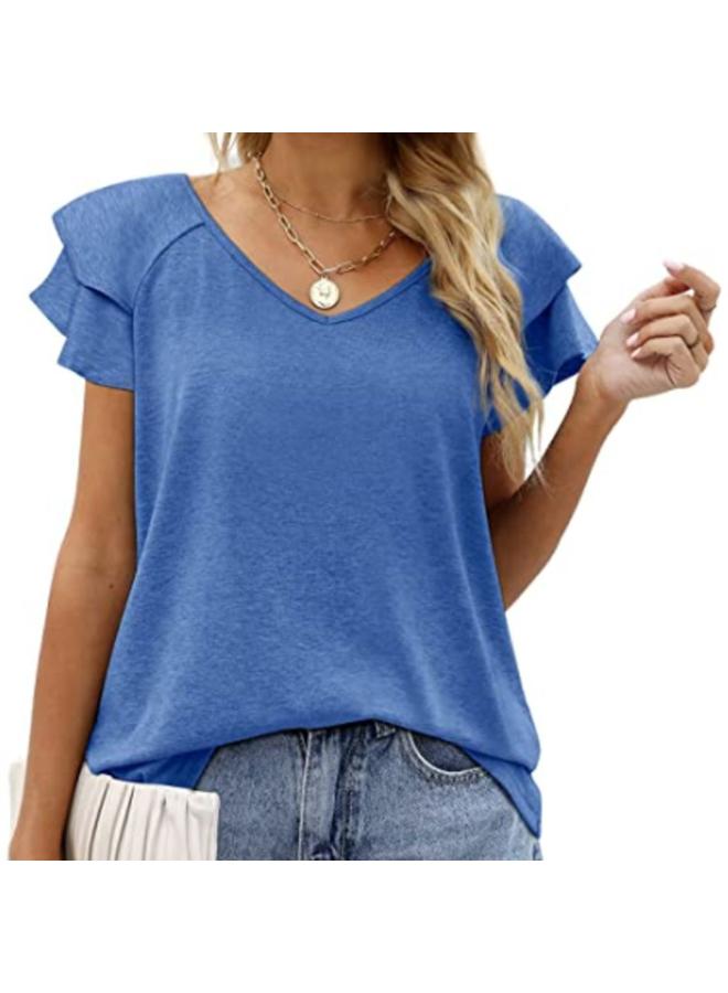 Song Feng Ya New European And American Women's Top V-neck Double-layer Lotus Leaf Short-sleeved Women's T-shirt 