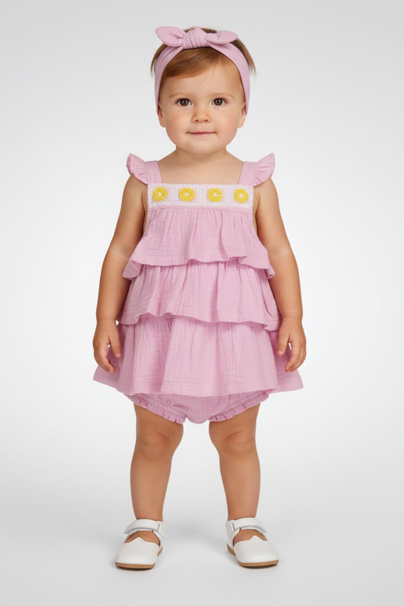 Nanette lepore Toddlers Girl 3 Pieces Embroidered Tiered Dress And Panty With Headband Set, Lavender - Image 1